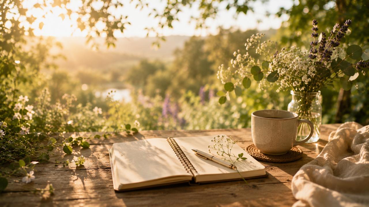 Projeto da Alma — caderno aberto sobre mesa de madeira com flores e luz dourada